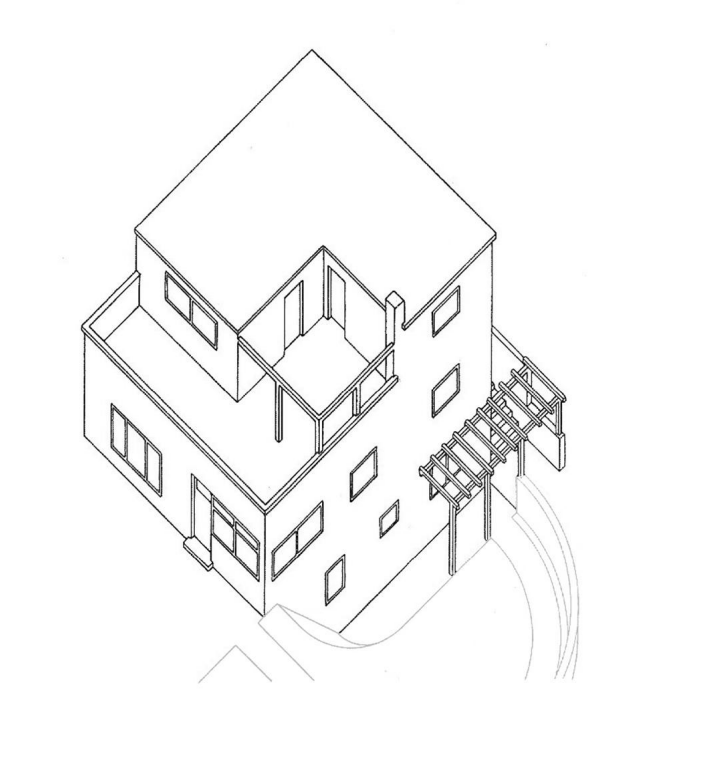 Isometrische Skizze eines zweigeschossigen Hauses mit Balkon, Terrasse, mehreren Fenstern und einer Pergola.